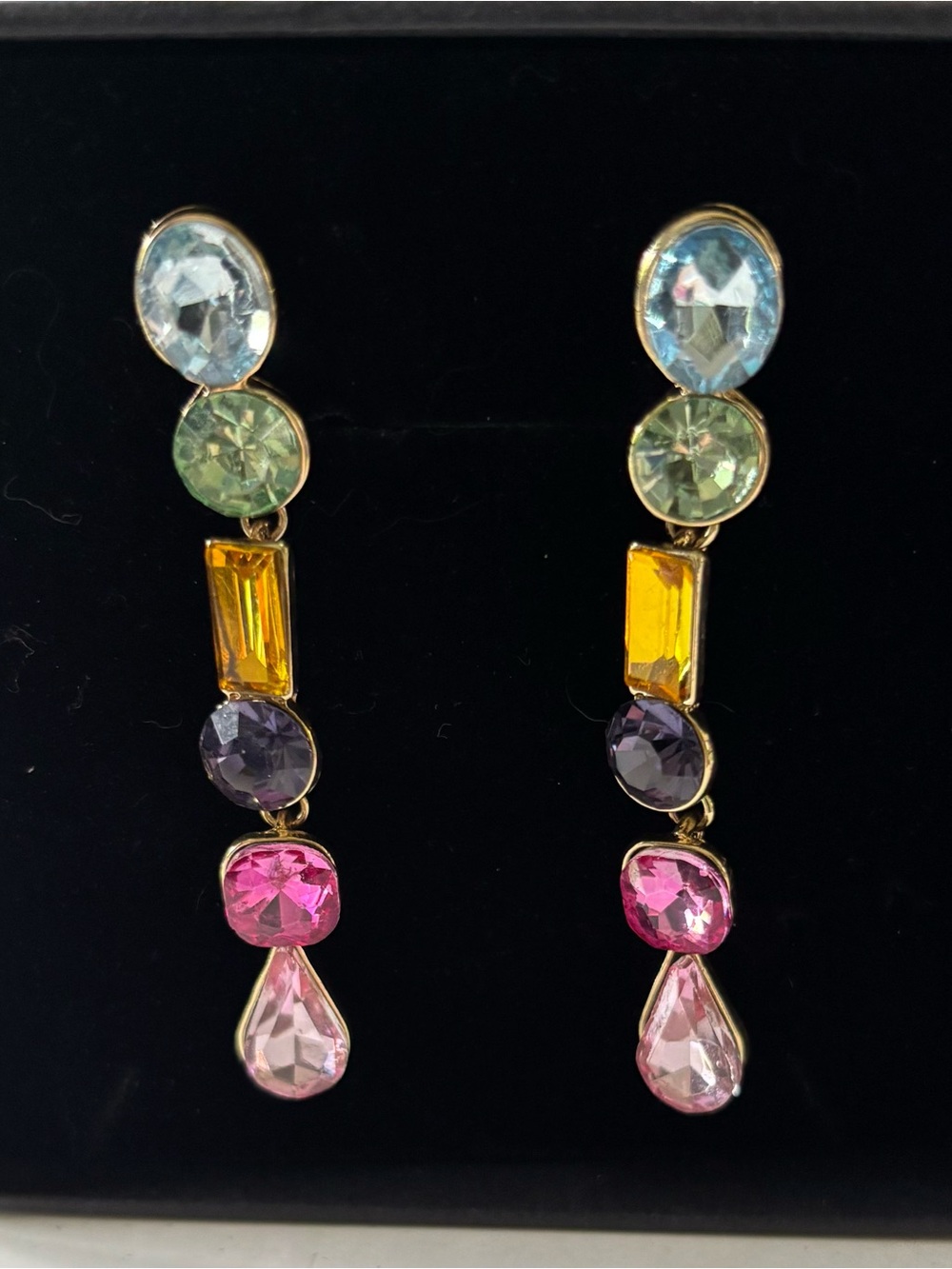 BaubleBar Rainbow Crystal Drop Earrings Gold Tone Colorful Statement Dangle